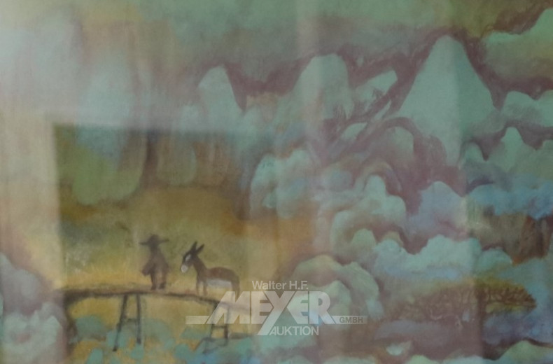 Aquarell ''Mann mit Esel auf Brücke''