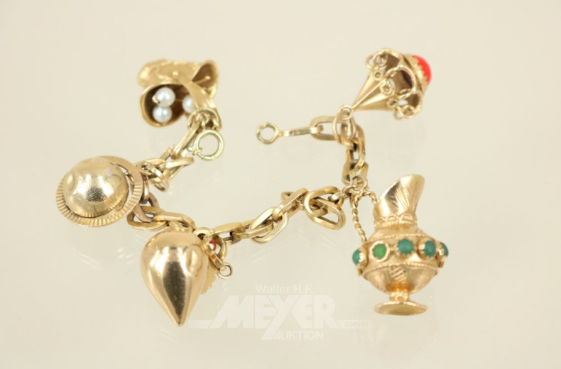 Bettenarmband, 750er GG, mit 5 Anhängern