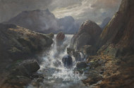 gr. Gemälde ''Wasserfall mit Mühle''