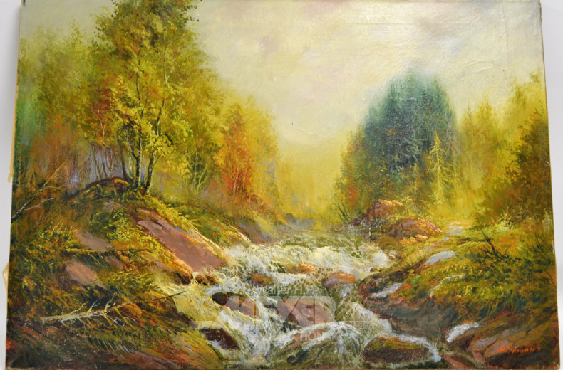 Gemälde ''Waldstück mit Bachlauf''