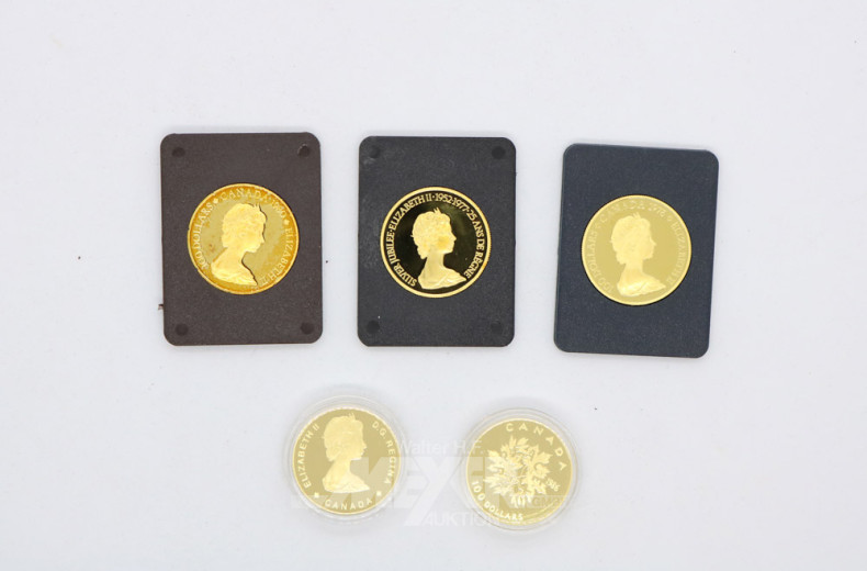 5 Etuis mit je 100 Dollar-Goldmünze