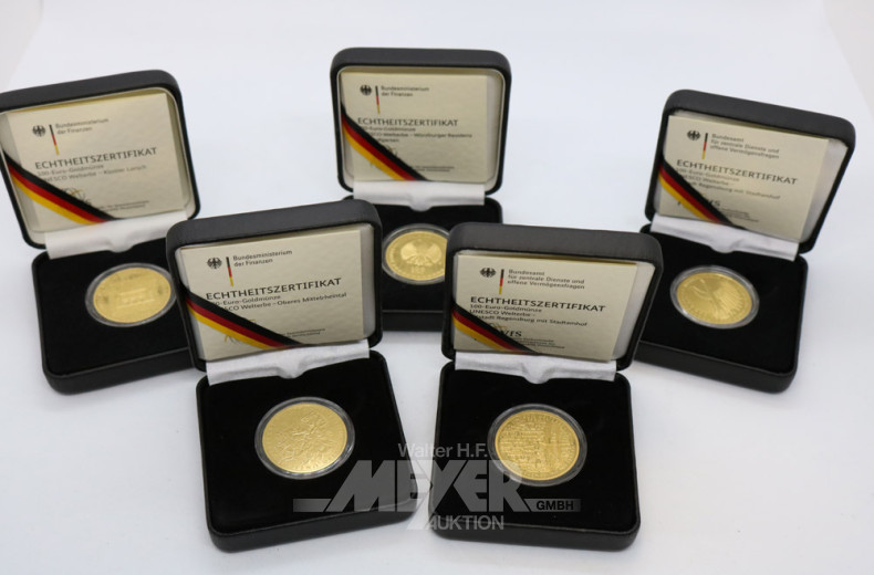 5 Goldmünzen ''Unesco-Welterbe'' je 100 EURO