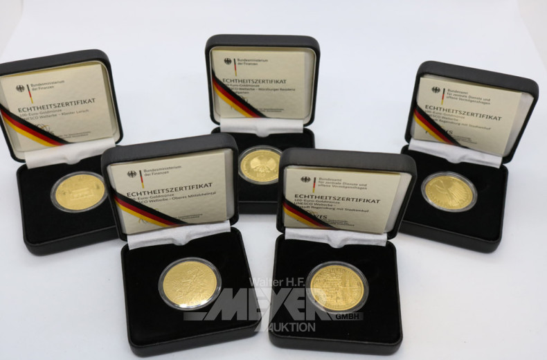 5 Goldmünzen ''Unesco-Welterbe'' je 100 EURO
