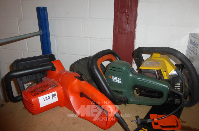 Heckenschere und 2 Kettensägen