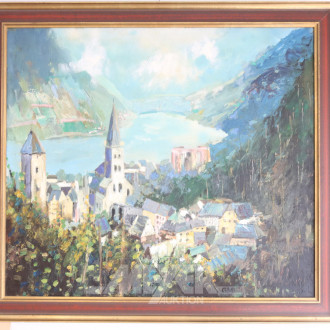 Gemälde ''Rheinlauf mit Dorfansicht''