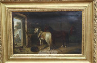 Gemälde ''2 Kutscherpferde im Stall''