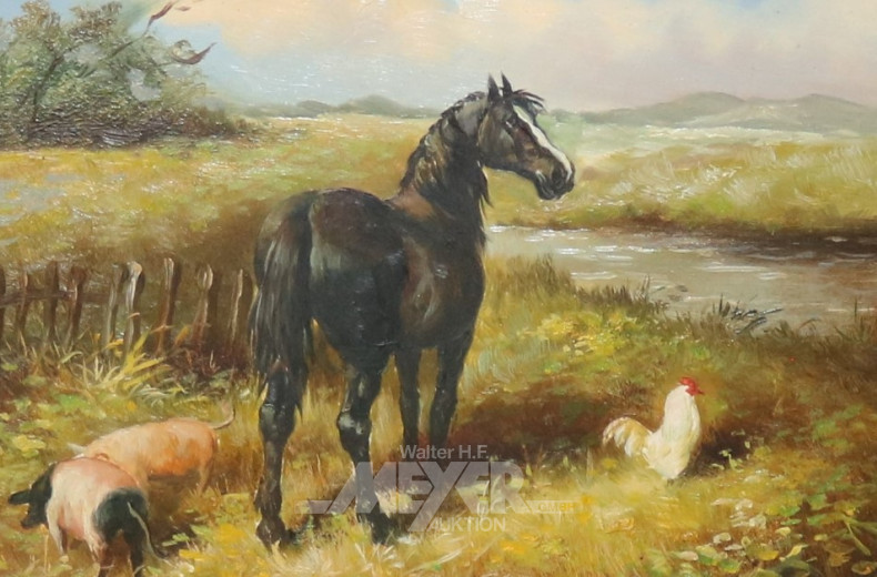 kl. Gemälde ''Pferd mit Schwein und Hahn''