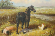 kl. Gemälde ''Pferd mit Schwein und Hahn''