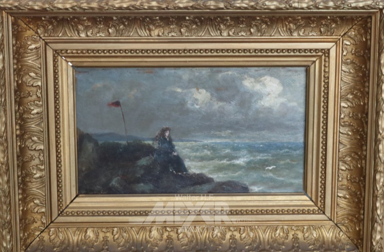 kl. Gemälde ''Mädchen auf Felsen am Meer''