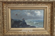 kl. Gemälde ''Mädchen auf Felsen am Meer''
