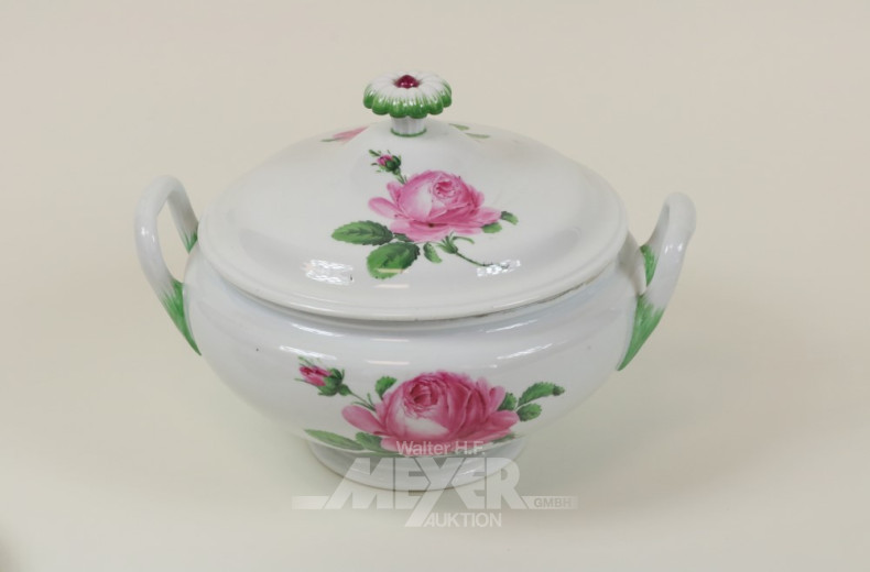runde Deckelterrine, Meißen, Rosendekor