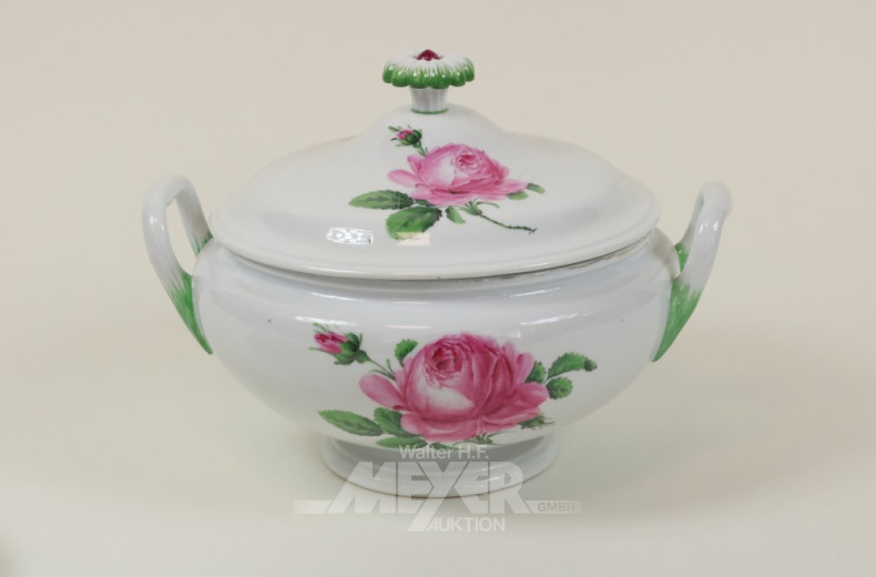 runde Deckelterrine, Meißen, Rosendekor