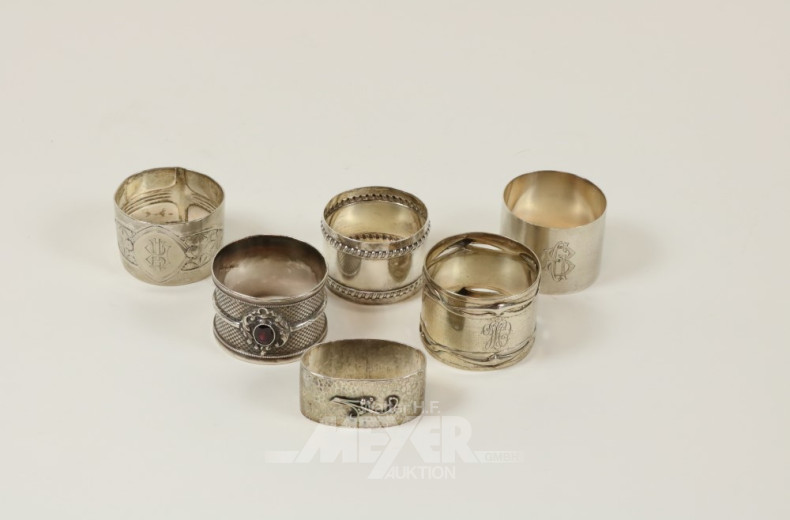 6 versch. Serviettenringe, tlw. Silber