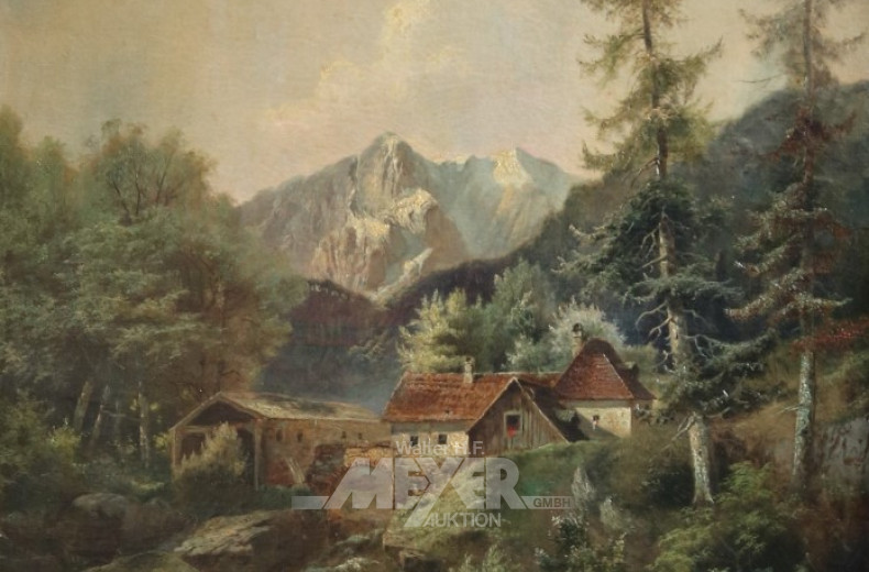 Gemälde ''Gebirgsbach mit Gehöft''