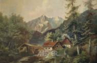 Gemälde ''Gebirgsbach mit Gehöft''