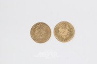 2 Goldmünzen ''10 Mark'', 1873 + 1880 A,