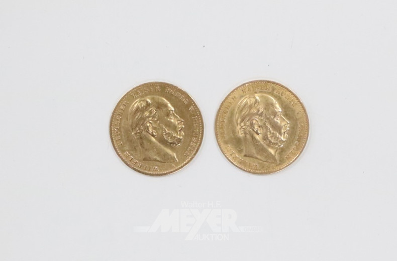 2 Goldmünzen ''10 Mark'', 1873 + 1880 A,