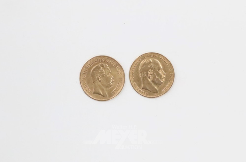 2 Goldmünzen ''10 Mark'', 1873 + 1877,