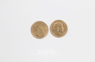 2 Goldmünzen ''10 Mark'', 1873 + 1877,