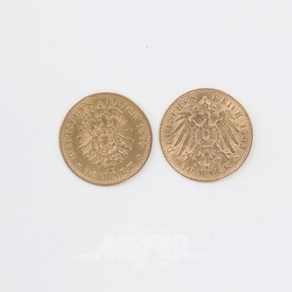 2 Goldmünzen ''10 Mark'', 1875 + 1903,