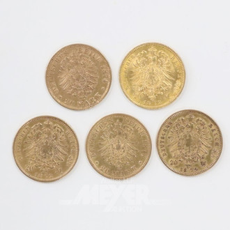 5 Goldmünzen ''20 Mark'', 1872, 1874, 1878,