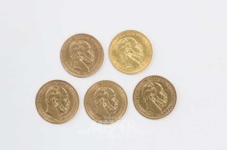 5 Goldmünzen ''20 Mark'', 1872, 1874, 1878,