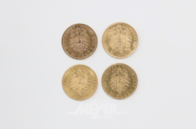 4 Goldmünzen ''20 Mark'' 1872, 1888,