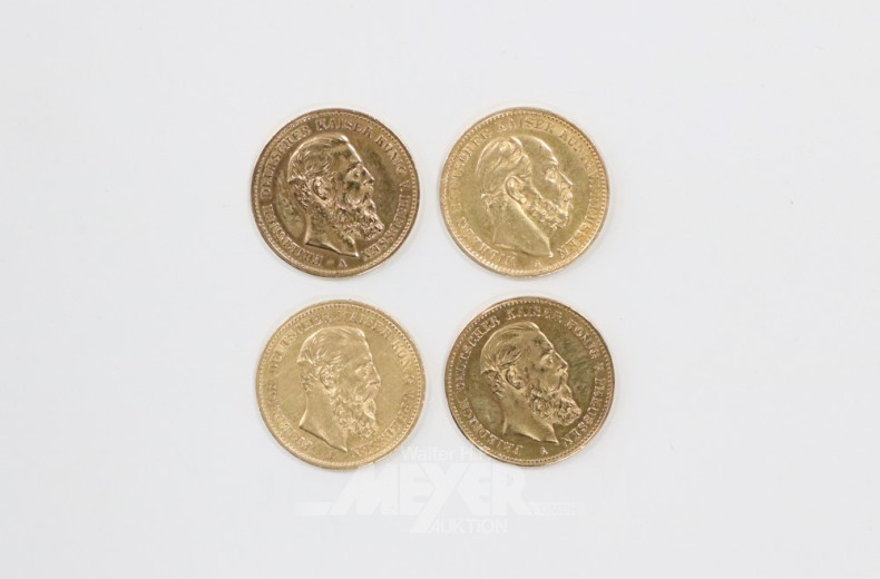 4 Goldmünzen ''20 Mark'' 1872, 1888,