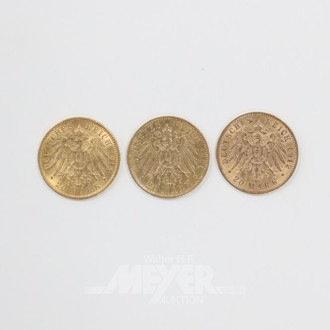3 Goldmünzen ''20 Mark'' 1894, 1912, 1913