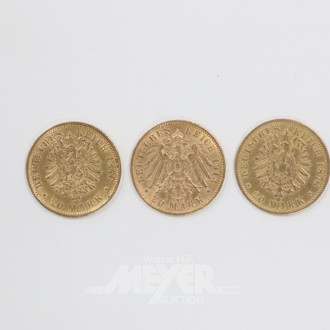3 Goldmünzen ''20 Mark'', 1876, 1878 + 1913,