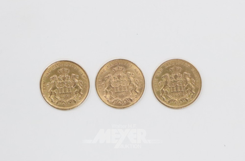 3 Goldmünzen ''20 Mark'', 1876, 1878 + 1913,