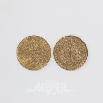 2 Goldmünzen ''20 Mark'', 1901 + 1873,