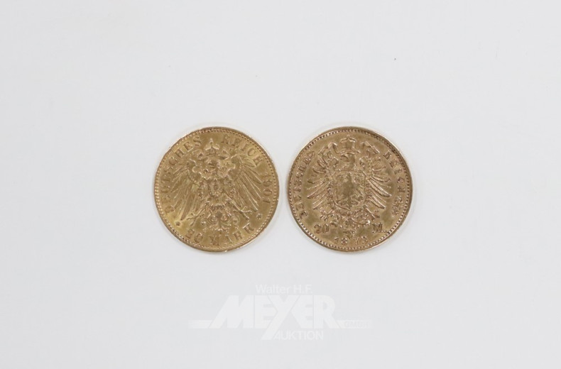 2 Goldmünzen ''20 Mark'', 1901 + 1873,