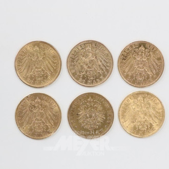 6 versch. Goldmünzen ''20 Mark'',
