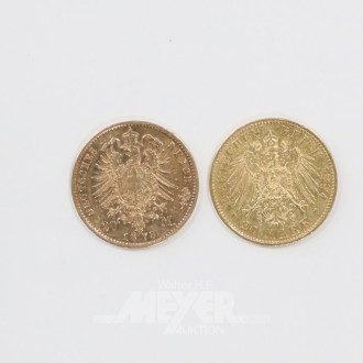 2 Goldmünzen ''20 Mark'', 1873 + 1894,