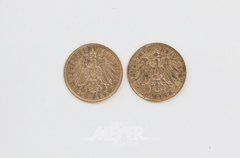 2 Goldmünzen ''20 Mark'', 1894 + 1897 F,