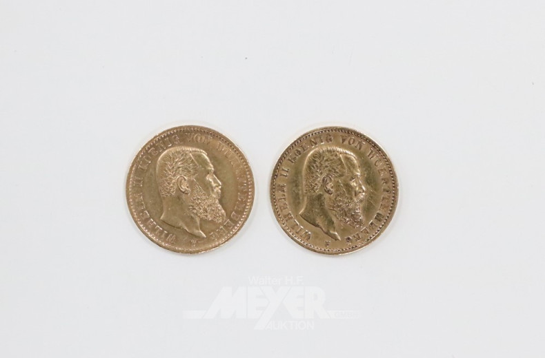 2 Goldmünzen ''20 Mark'', 1894 + 1897 F,