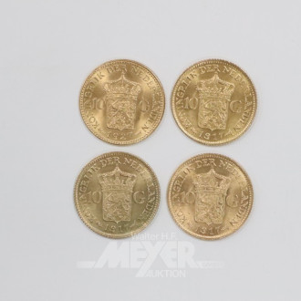 4 Goldmünzen ''10 Gulden'', Niederlande