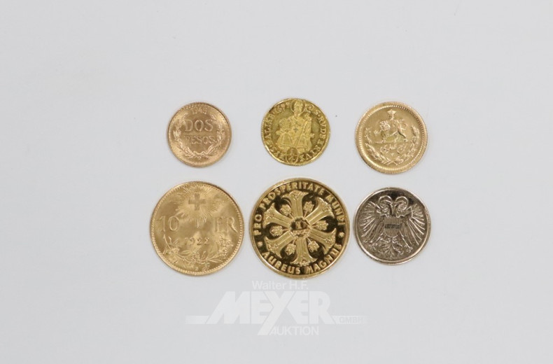 6 versch. kl. Goldmünzen und Medaillen,