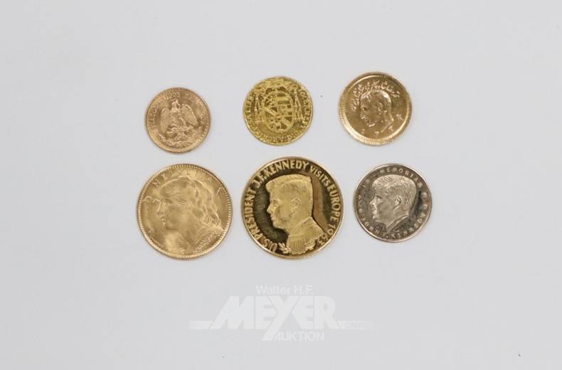 6 versch. kl. Goldmünzen und Medaillen,