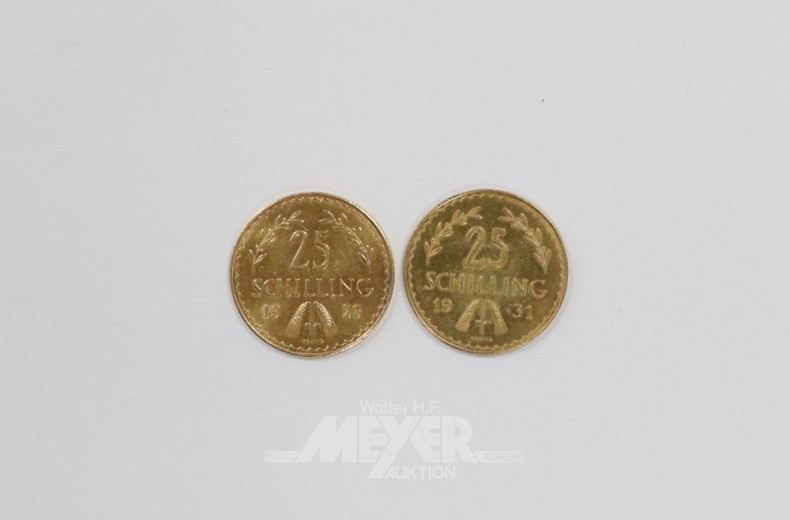 2 Goldmünzen ''25 Schilling'', 1926 + 1931,