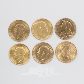 6 Goldmünzen ''Sovereign'',