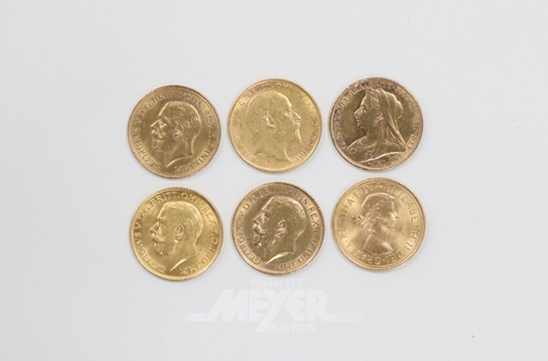 6 Goldmünzen ''Sovereign'',