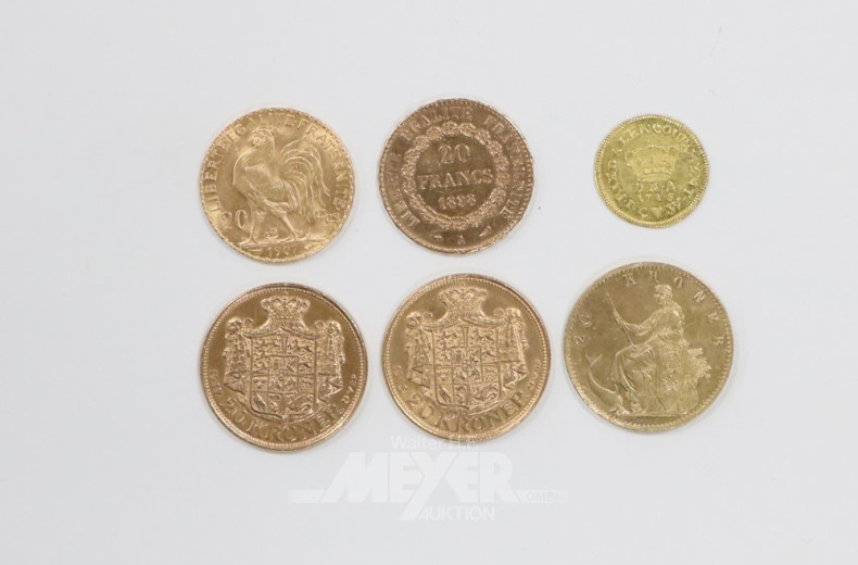 6 versch. Goldmünzen und Medaillen,