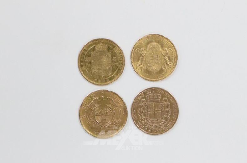 4 versch. Goldmünzen versch. Länder,