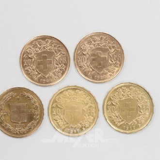 5 Goldmünzen ''20 Franken'', Schweiz,