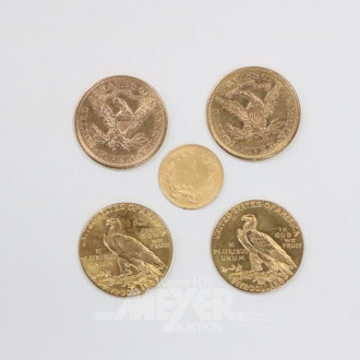 5 versch. kl. Goldmünzen 1 + 5 Dollar