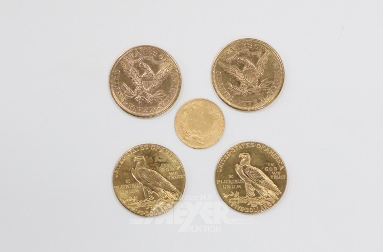 5 versch. kl. Goldmünzen 1 + 5 Dollar