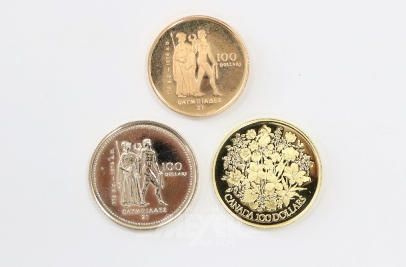 3 kl. Goldmünzen, 100 Dollars Kanada,