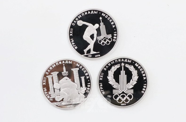 3 Münzen ''150 Rubel'', Platin Olympia 1980,